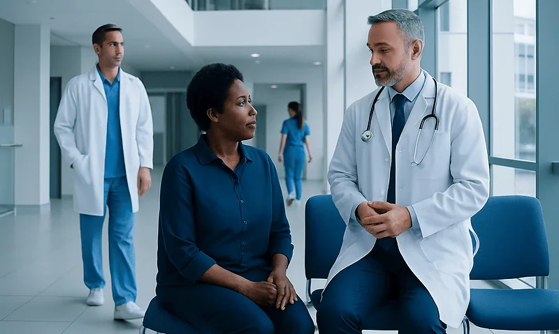 Doctor consulting with a patient in a modern hospital corridor.