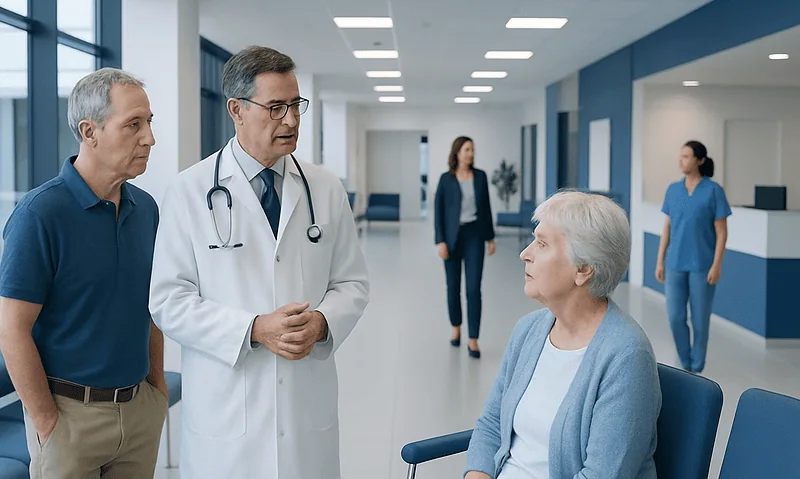 Doctor consulting with elderly patient in hospital corridor.
