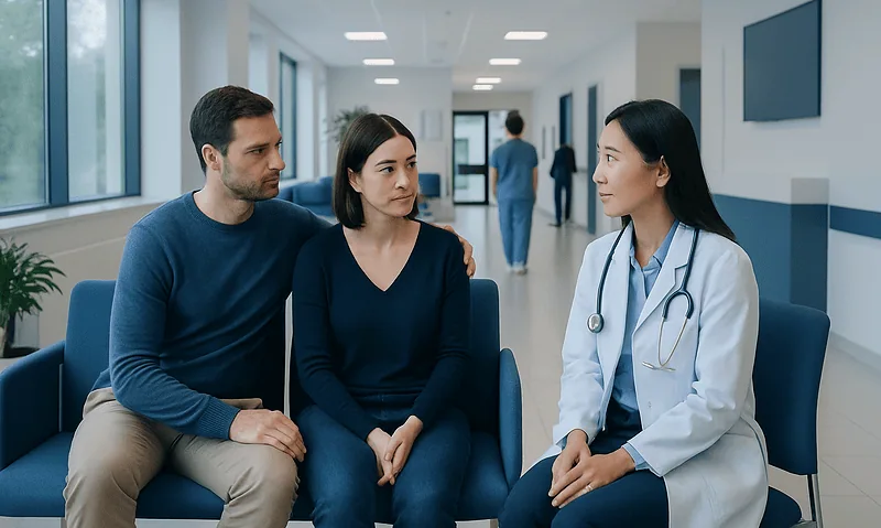 Doctor consulting with a couple in a hospital corridor.