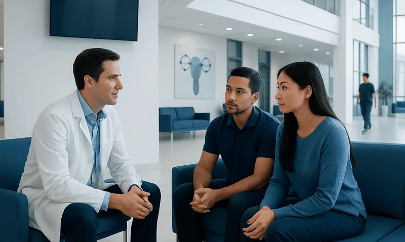 Doctor consulting with a couple in a modern hospital lobby.