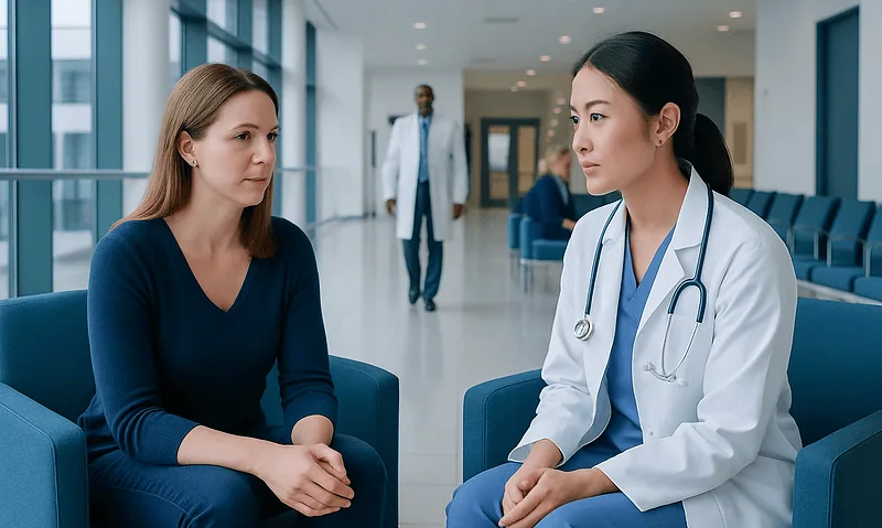 Doctor consulting with a patient in a hospital corridor.