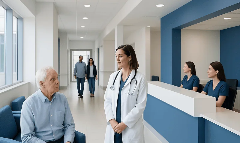 Doctor consulting elderly patient in hospital corridor with staff in background.