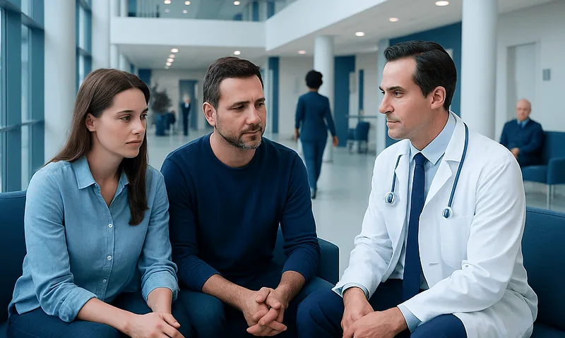 Doctor consulting male patients in a hospital lobby.