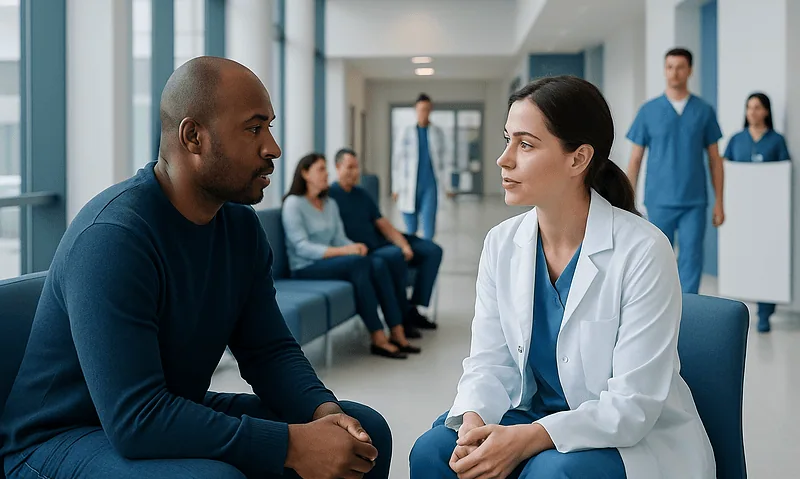 Doctor consulting male patient in hospital corridor for second opinion.