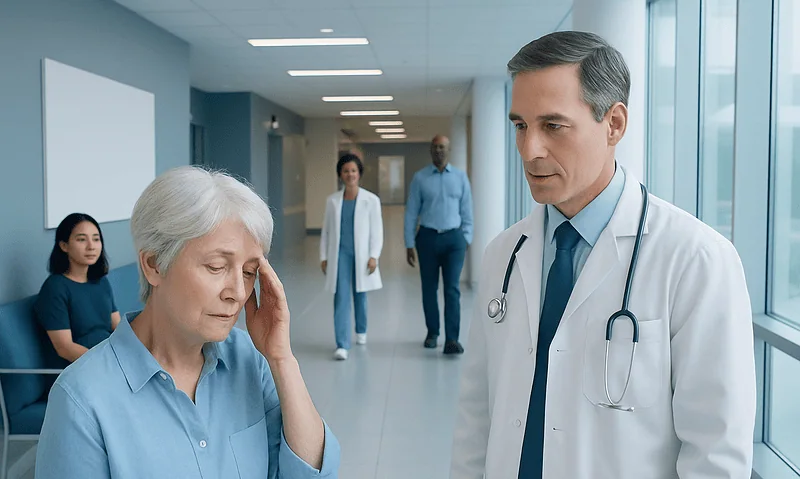 When Dizziness Needs a Neurotology Second Opinion 23 Doctor consulting elderly woman about dizziness in hospital corridor.