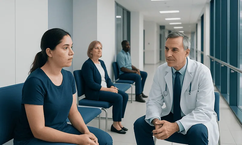 Doctor consulting with patients in a hospital corridor.