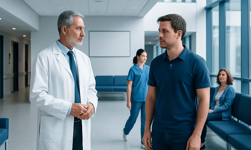Doctor talking to a young male patient in a hospital corridor.