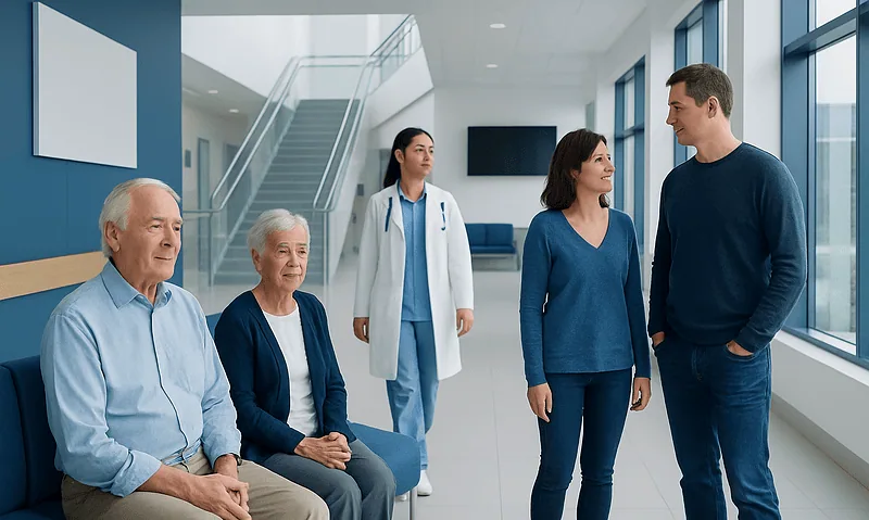 Healthcare professionals and elderly patients in a modern hospital waiting area.