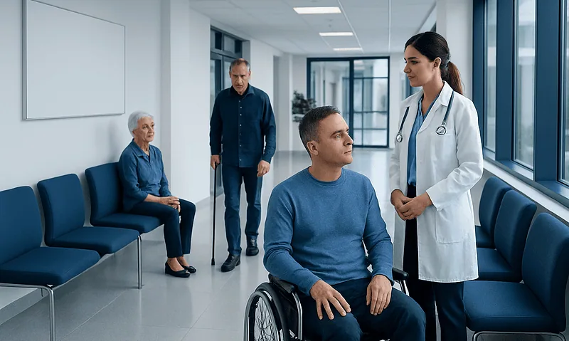 Medical consultation in hospital corridor with patient in wheelchair and healthcare professionals.