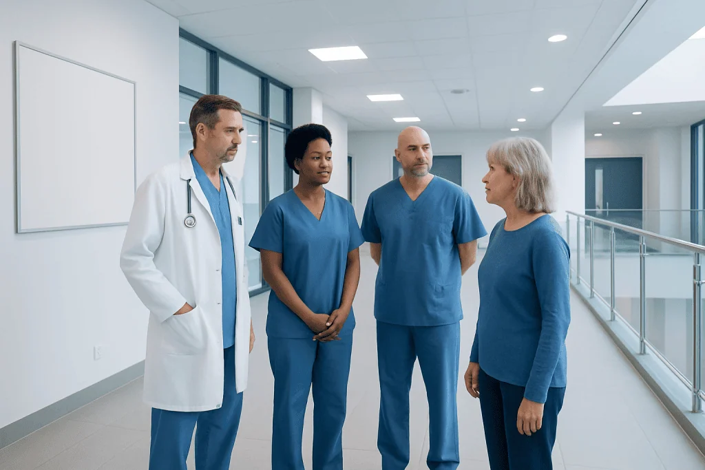 Alzheimer’s Disease Specialists: How Diagnosis and Care Are Coordinated 1 Medical team discussing patient care in hospital corridor.