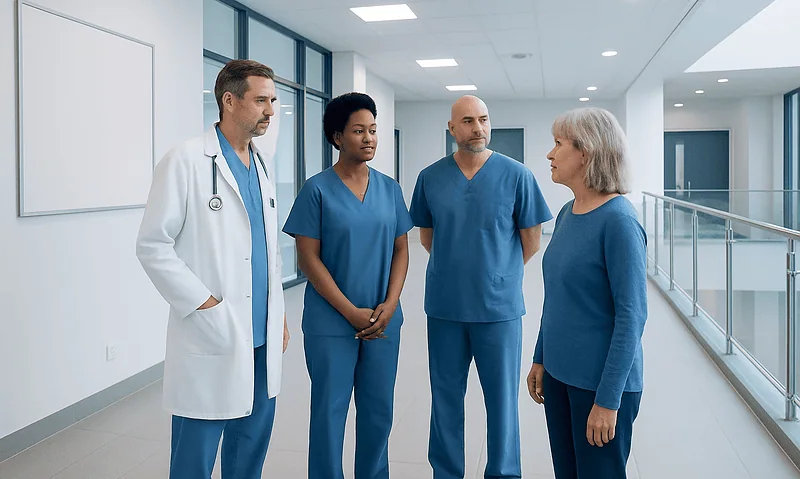 Medical team discussing patient care in hospital corridor.