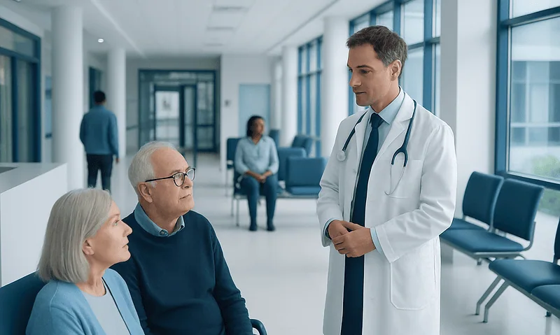 Doctor consulting elderly patients in a hospital corridor.