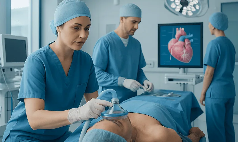 Medical team performing anesthesia during heart bypass surgery in operating room.