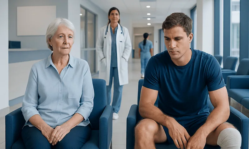 Patient and elderly woman waiting in hospital corridor for orthopedic consultation.