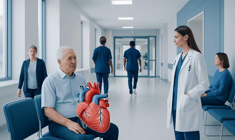 Doctor consulting elderly patient with heart model in hospital corridor.
