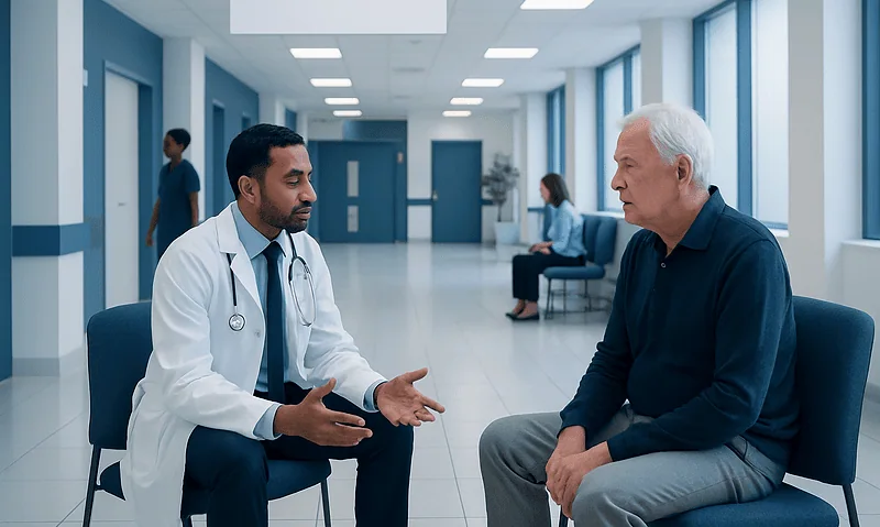 Doctor consulting with elderly patient in hospital corridor.