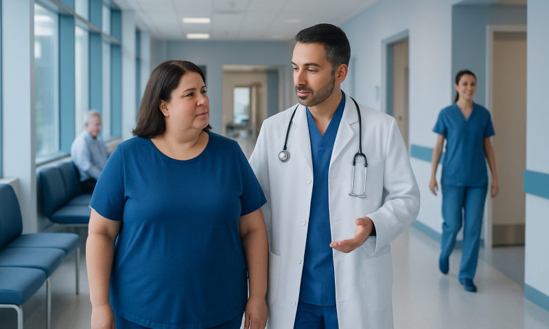 Doctor consulting with a patient in hospital corridor at Acibadem Hospitals.