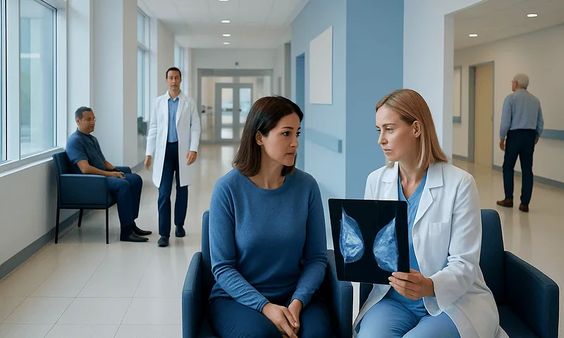 Mammogram Results: What BI-RADS Scores Mean 6 Doctor explains mammogram results to a patient in a hospital corridor.