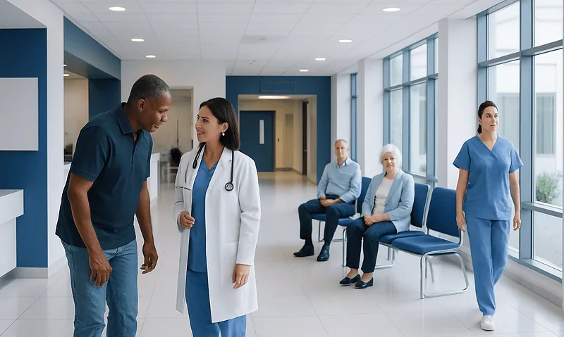 Hospital corridor with medical staff and patients in waiting area.