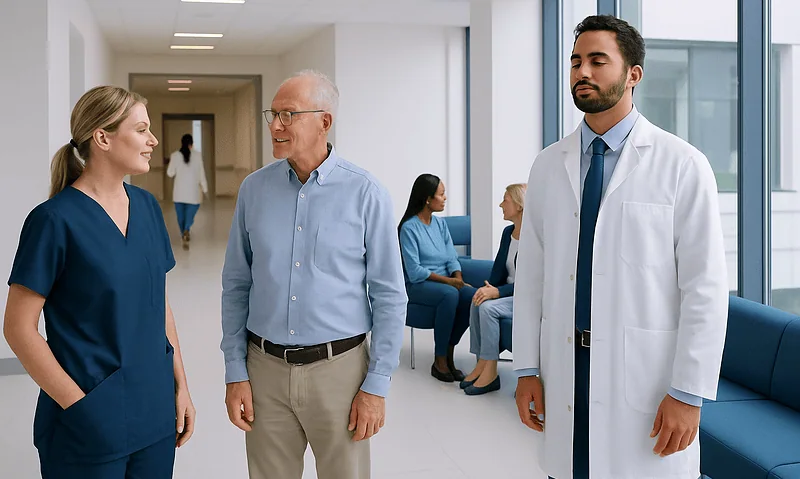 Blood Sugar Control Before CABG: Why It Matters for Safer Recovery 15 Medical team discussing patient care in hospital corridor.