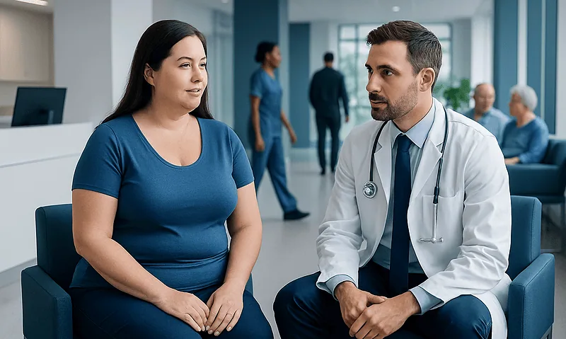 Doctor consulting with a patient in a hospital waiting area.
