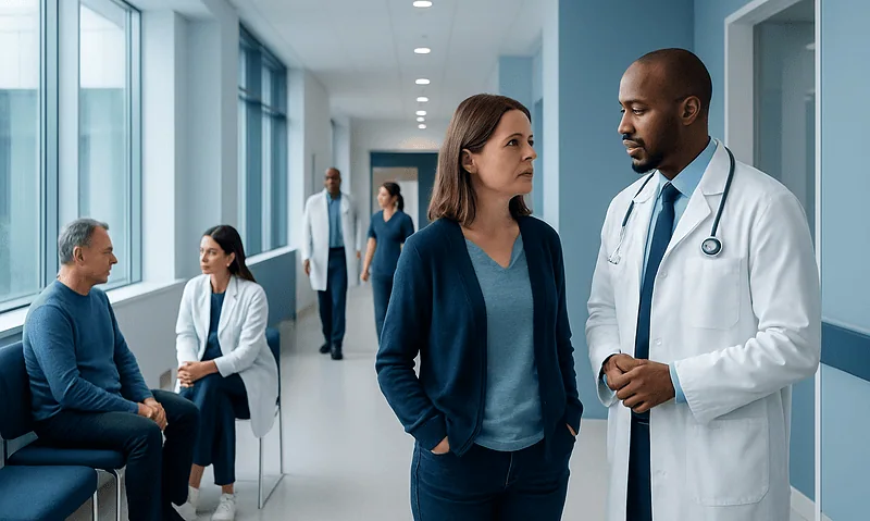 Doctor consulting with a female patient in a hospital corridor.