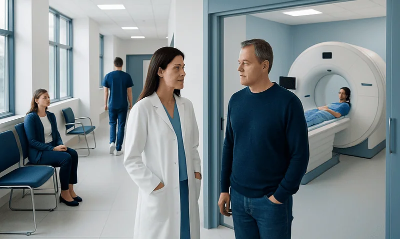 Doctor and patient discussing MRI scan in hospital corridor.