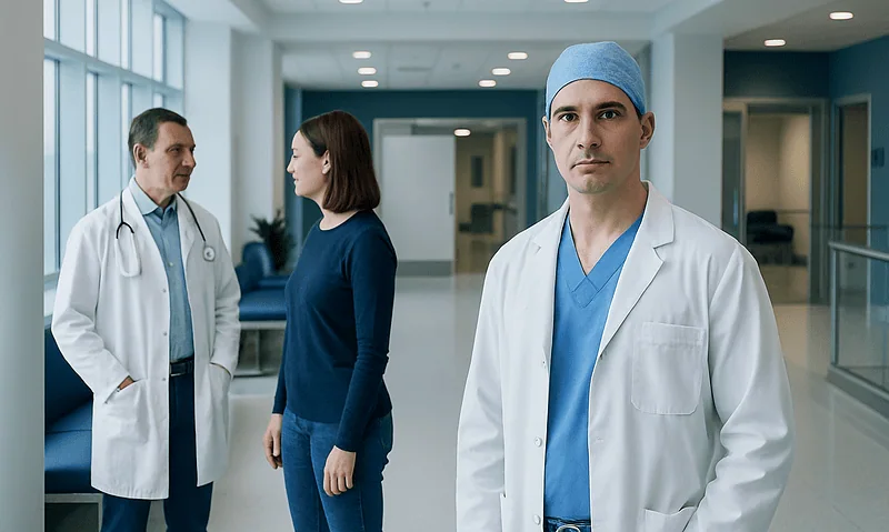 Medical team discussing patient care in hospital corridor.