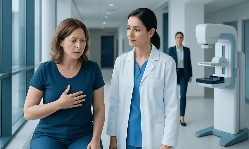 When to Get Imaging for Breast Symptoms: Lumps, Pain, and Nipple Changes 9 Medical consultation for breast symptoms in a hospital corridor.