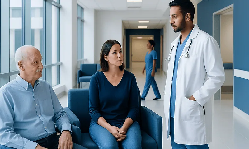Doctor consulting with elderly patient and caregiver in hospital corridor.