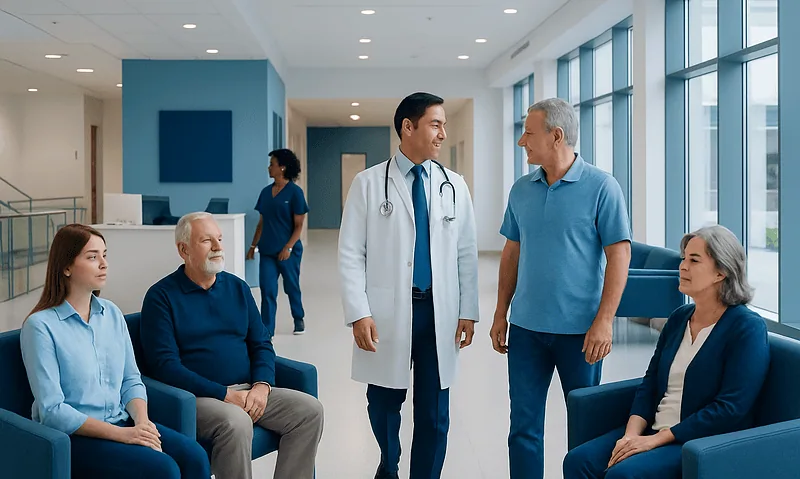 Hospital waiting area with patients and doctor engaging in conversation.