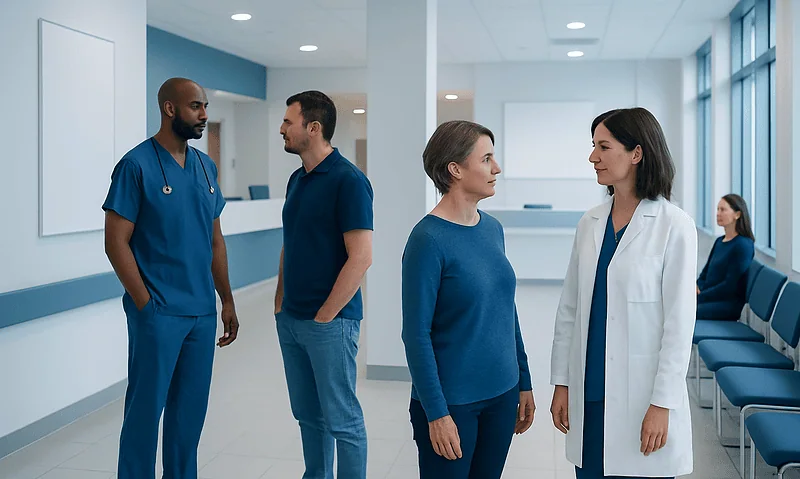 Cancer Myths and Facts: Common Beliefs Patients Should Question 6 Medical professionals and patient in hospital corridor at Acibadem Hospitals Group.