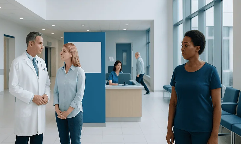 Doctor consulting with a patient in a modern hospital lobby.