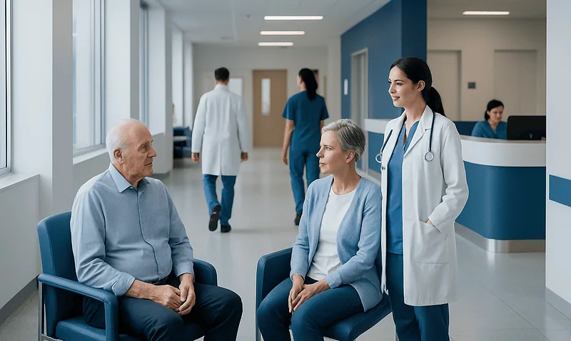 Healthcare professionals consulting elderly patients in hospital corridor.