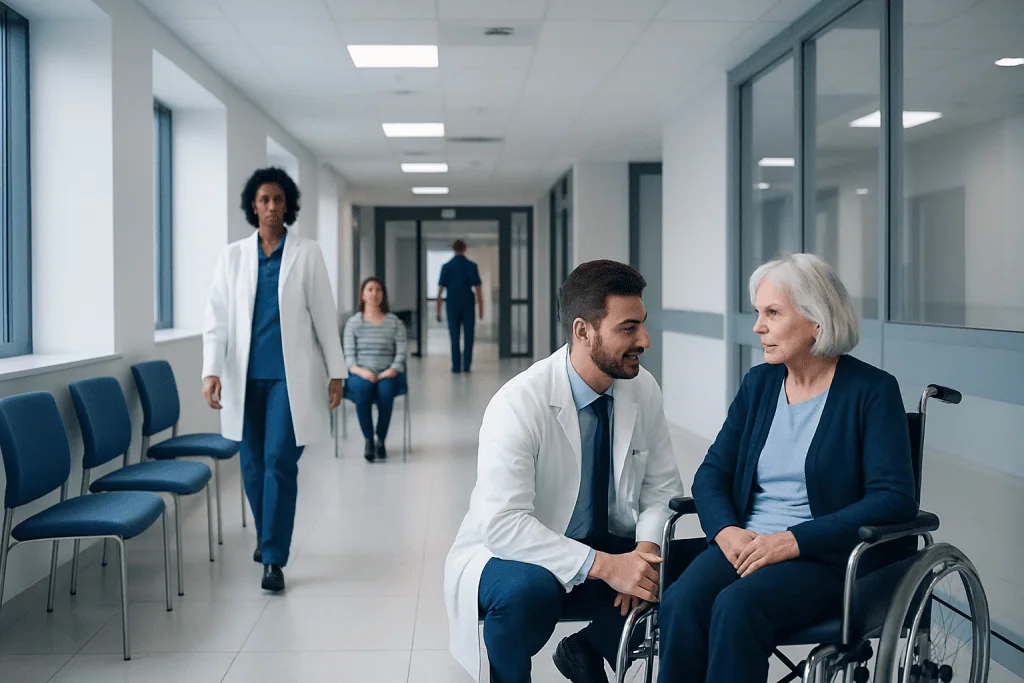 Huntington’s Disease Care Planning: When Symptoms Start Affecting Daily Life 1 Healthcare professionals consulting with elderly patient in hospital corridor.