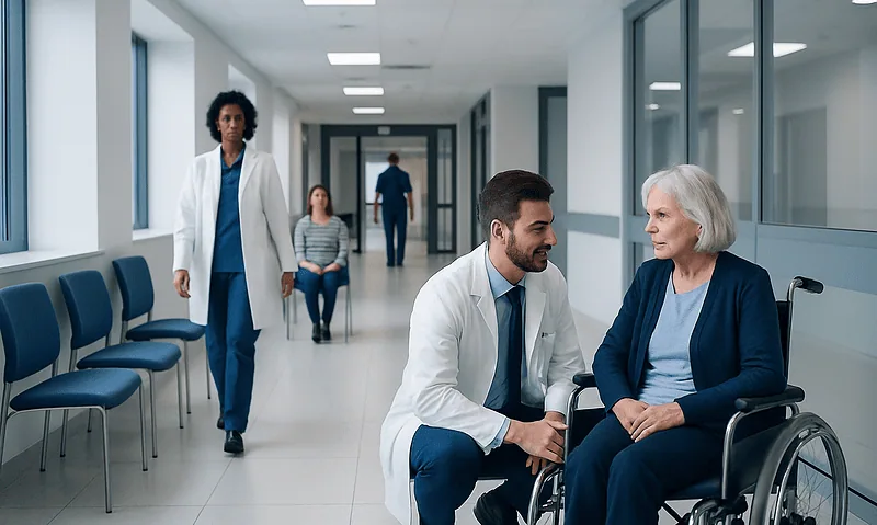 Healthcare professionals consulting with elderly patient in hospital corridor.
