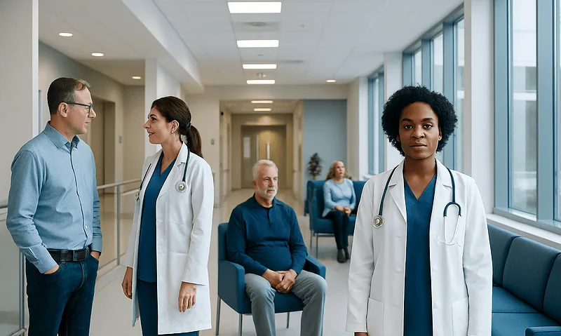 Medical team discussing patient care in hospital corridor.