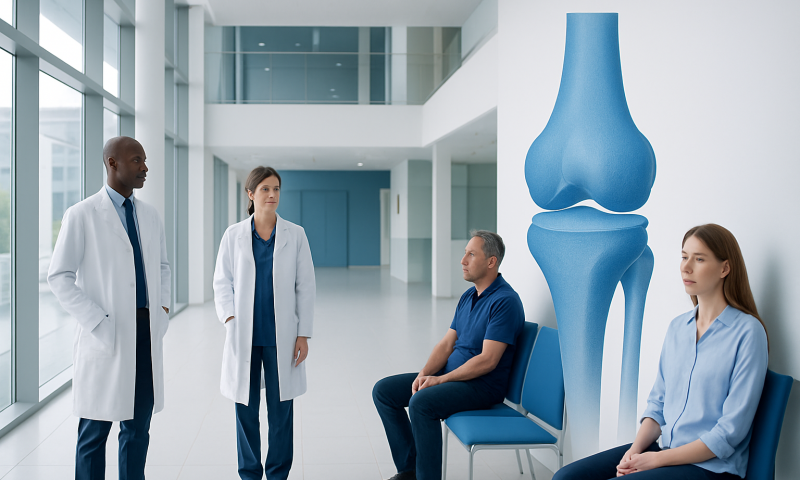 Doctors consulting with patient in modern hospital waiting area with knee joint model.