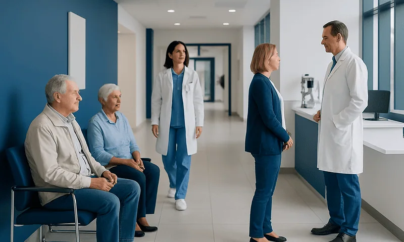 Cataract Surgery Cost: What Affects the Price of Treatment? 5 Patients waiting and consulting with doctors in a modern hospital corridor.