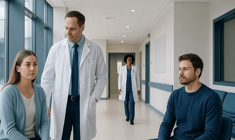 Doctor consulting with patients in a hospital corridor.