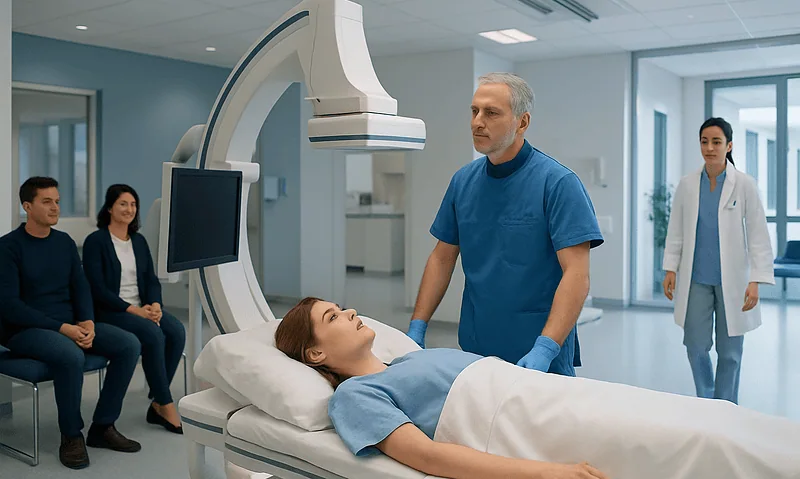 Medical team prepares patient for cerebral angiography procedure at Acibadem Hospital.