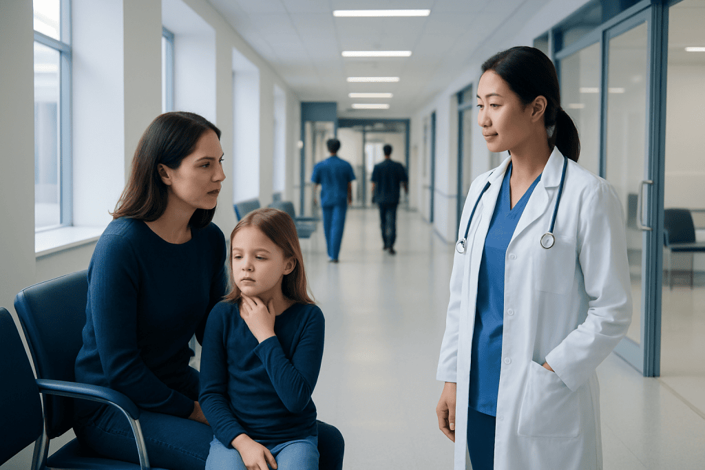 Sore Throat in Children: Strep Symptoms, Testing, and Treatment 1 Doctor consulting with mother and daughter in hospital corridor.