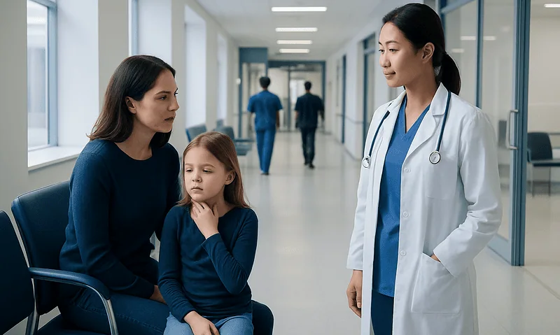 Doctor consulting with mother and daughter in hospital corridor.
