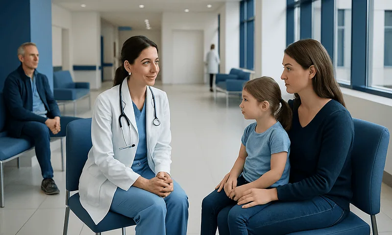 Pediatrician consulting with mother and daughter in hospital waiting area.