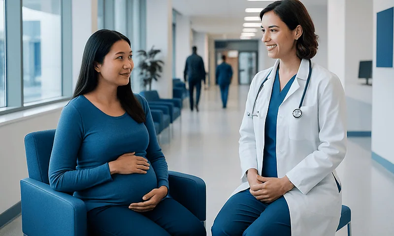 How to Choose an OB-GYN: What Matters Beyond 'Near Me' 2 Pregnant woman consulting with a doctor in a hospital corridor.