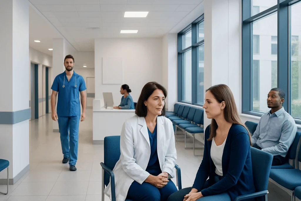 How to Choose the Right Dermatologist for Your Skin Concern 1 Medical consultation in a modern hospital waiting area with healthcare professionals and patients.