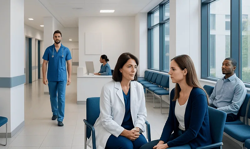 Medical consultation in a modern hospital waiting area with healthcare professionals and patients.
