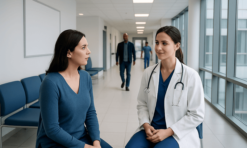 Gynecologist consulting with a patient in a hospital corridor.