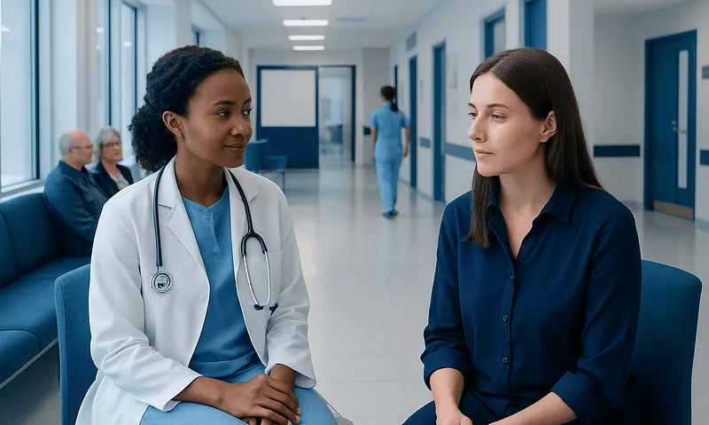 Choosing a Gynecologist: What to Look for in Women’s Care 8 Female doctor consulting with a woman patient in a hospital corridor.