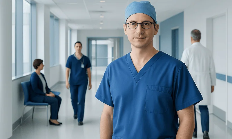 Healthcare professionals in a hospital corridor, including a surgeon in scrubs and a nurse.
